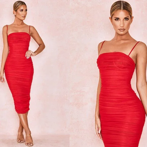 RARE HOUSE OF CB 'Sirene' Red Gathered Organza Mesh Dress NWT - Picture 3 of 11